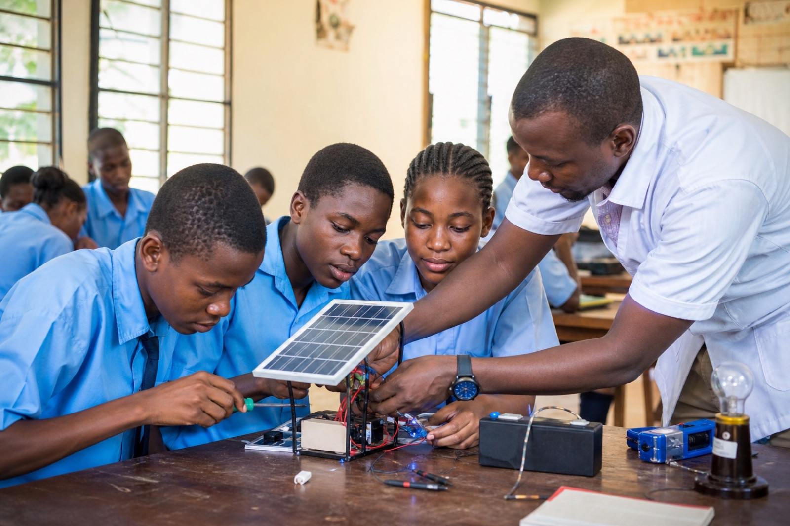 Secondary school students in Cameroon assembling a solar device together in class