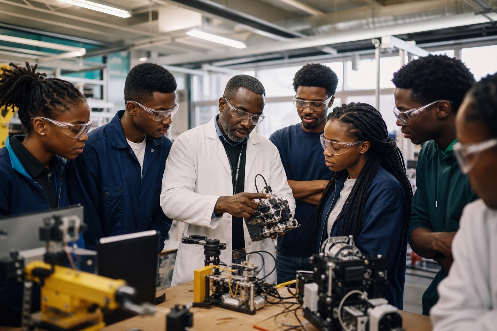 Mentor guiding engineering students wearing safety glasses through a hands-on workshop exercise