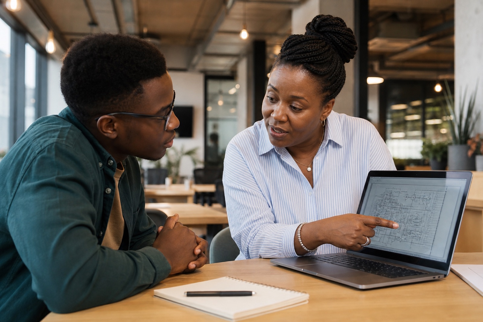 Engineer explaining technical schematics one-to-one to a student in a London coworking space