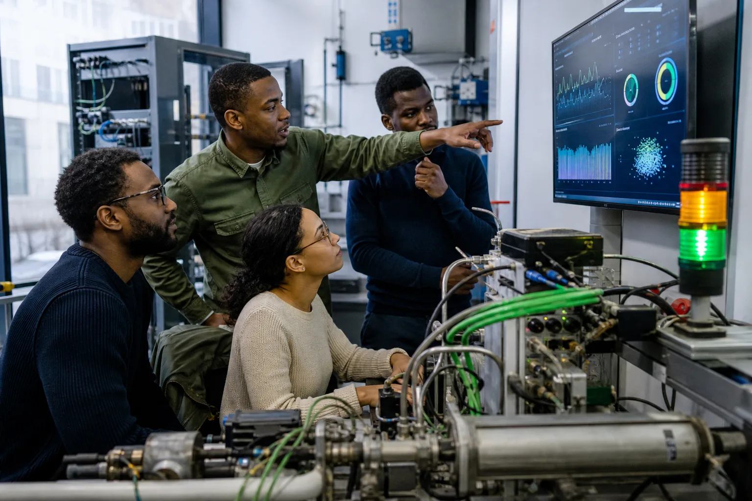 Engineering team reviewing telemetry from an industrial IoT sensor rig
